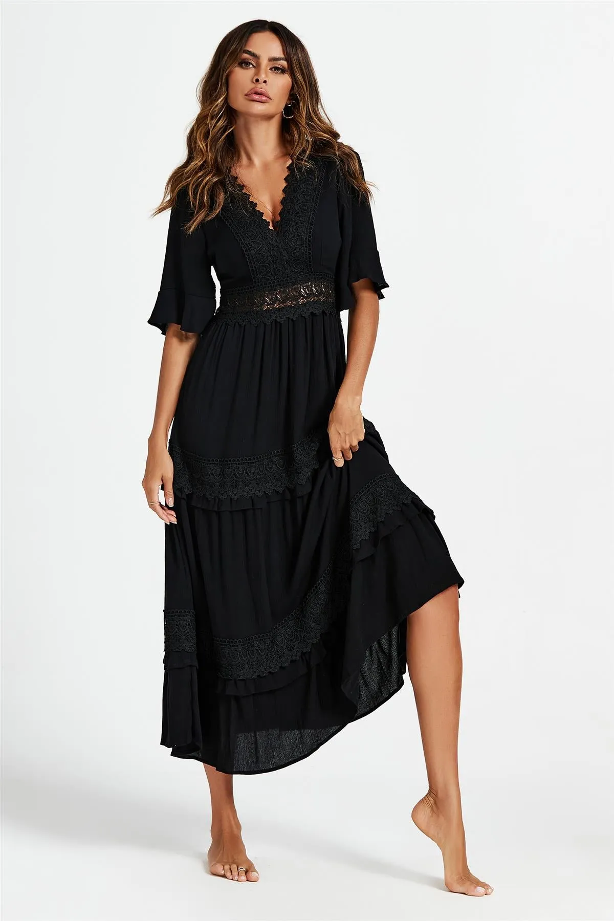 V Neck Lace Detail Midi Dress In Black