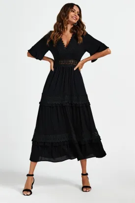 V Neck Lace Detail Midi Dress In Black