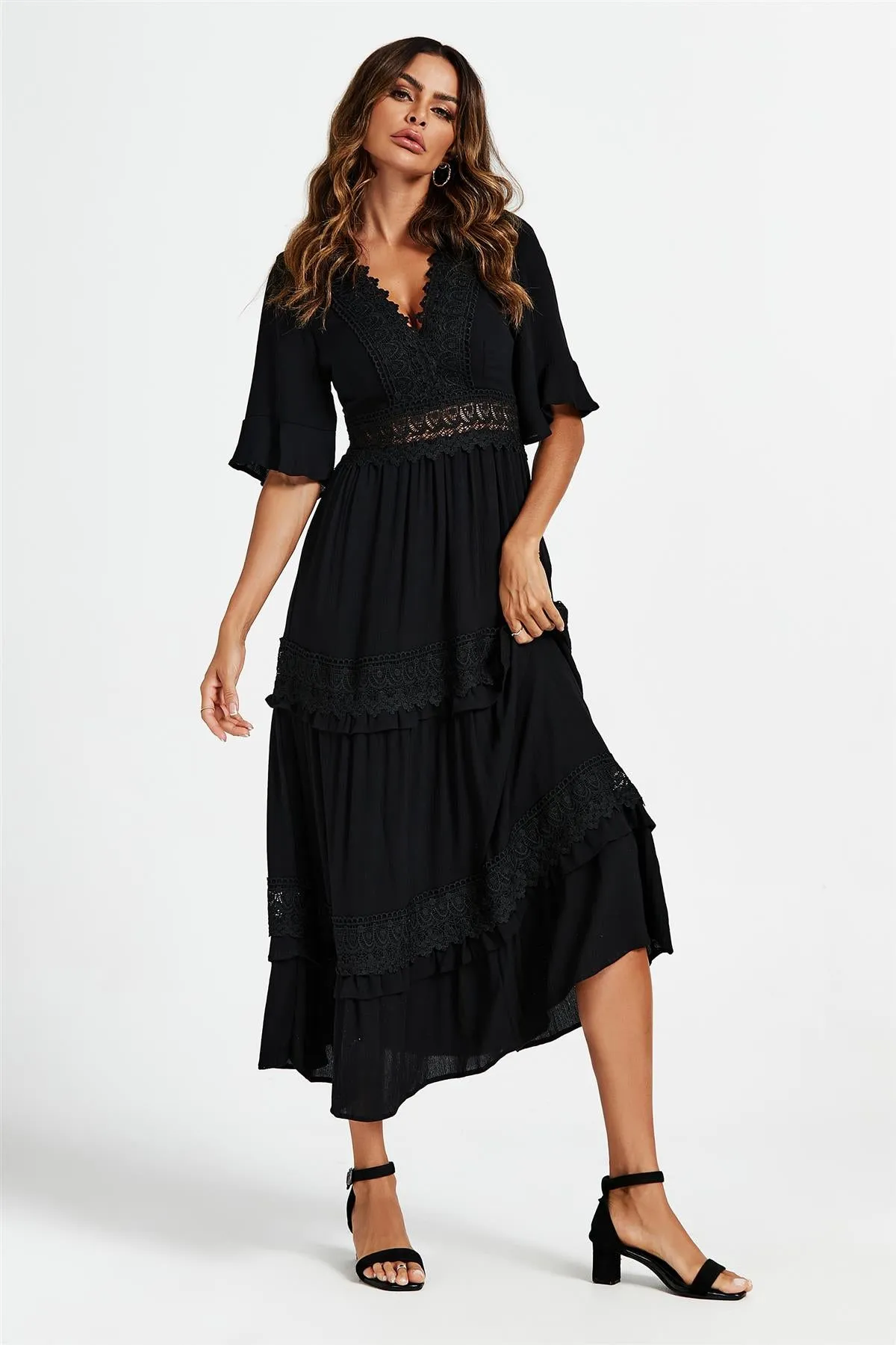 V Neck Lace Detail Midi Dress In Black