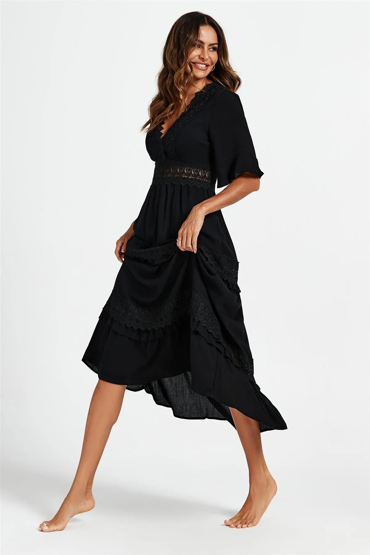 V Neck Lace Detail Midi Dress In Black