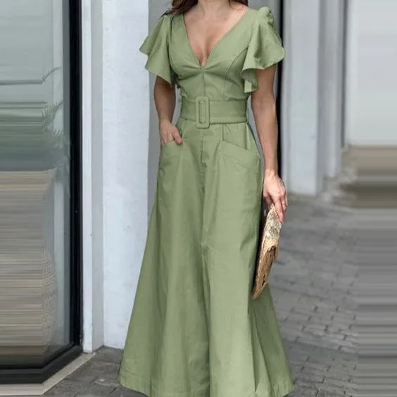 V-neck Solid Color Lotus Leaf Sleeve Long Dress