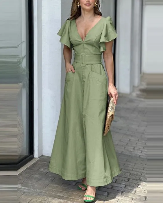 V-neck Solid Color Lotus Leaf Sleeve Long Dress