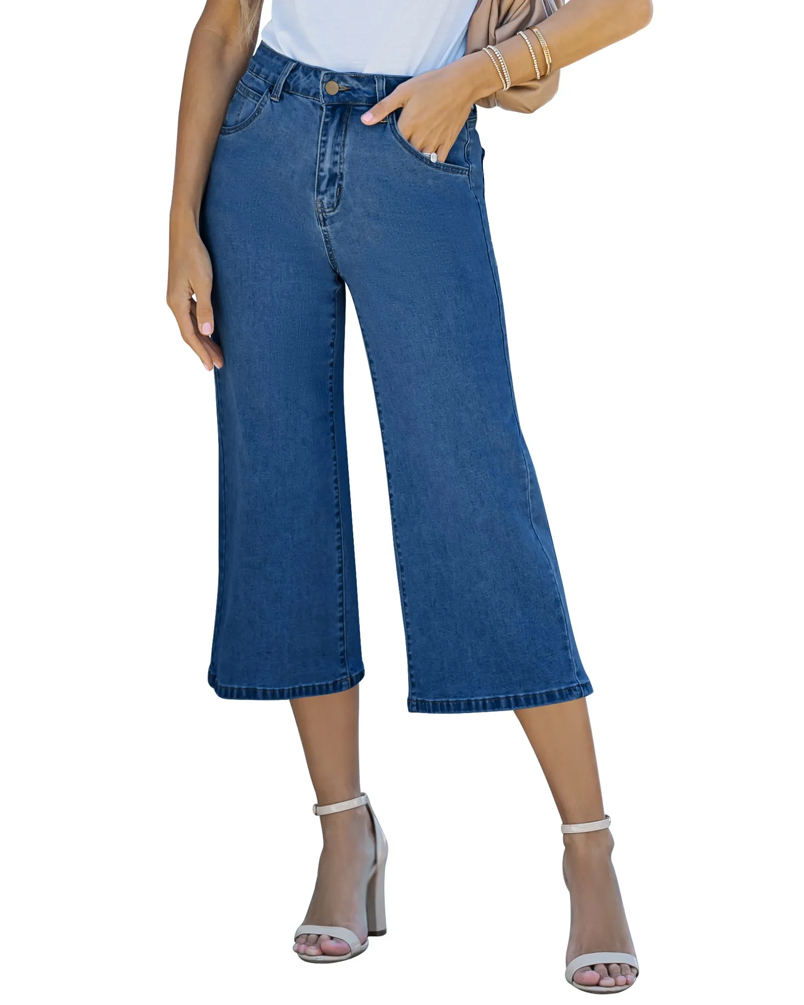 Vetinee Wide Leg Capri Jeans for Women High Waisted Stretch Cropped Baggy Denim Capris Dressy Pants