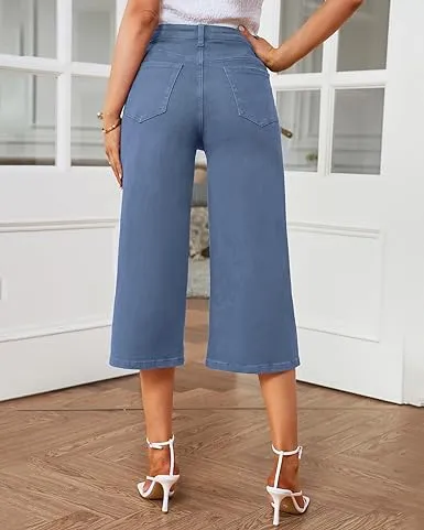 Vetinee Wide Leg Capri Jeans for Women High Waisted Stretch Cropped Baggy Denim Capris Dressy Pants