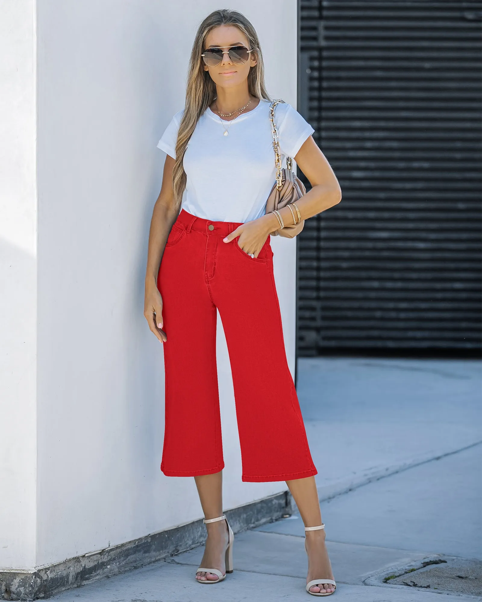 Vetinee Wide Leg Capri Jeans for Women High Waisted Stretch Cropped Baggy Denim Capris Dressy Pants