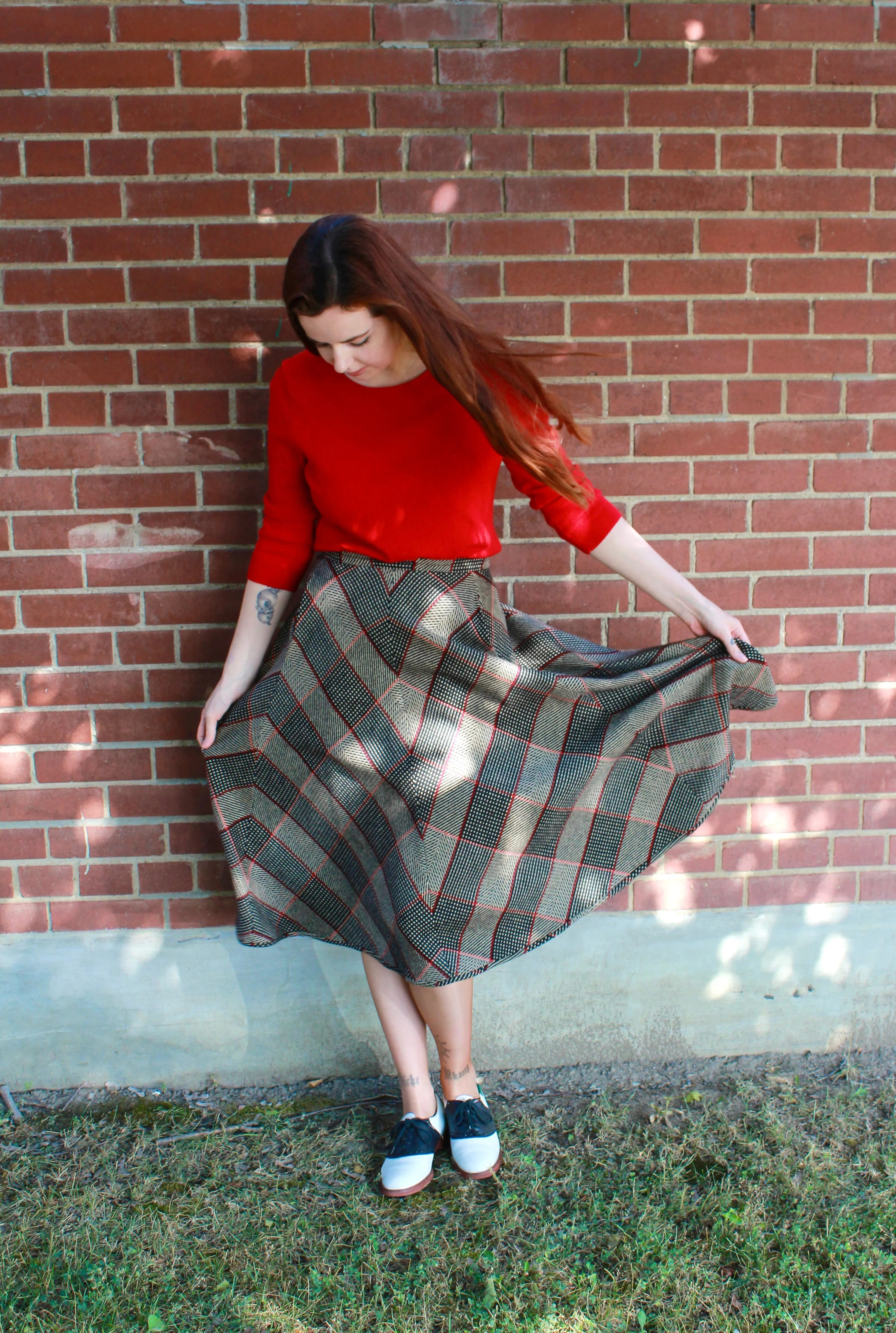 Vintage 1980s Valentino Wool Chevron Plaid Flared Midi Skirt, W30