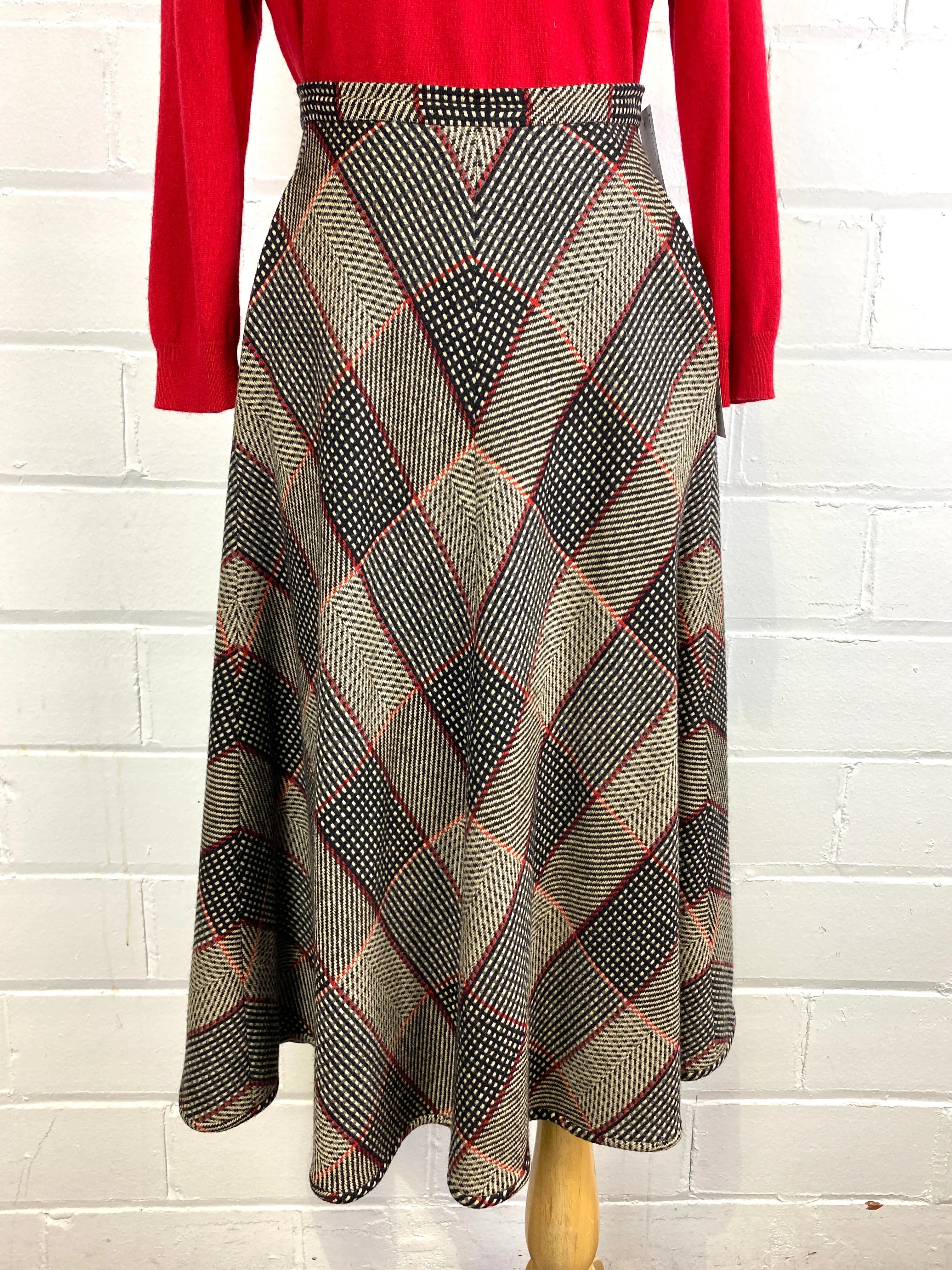 Vintage 1980s Valentino Wool Chevron Plaid Flared Midi Skirt, W30