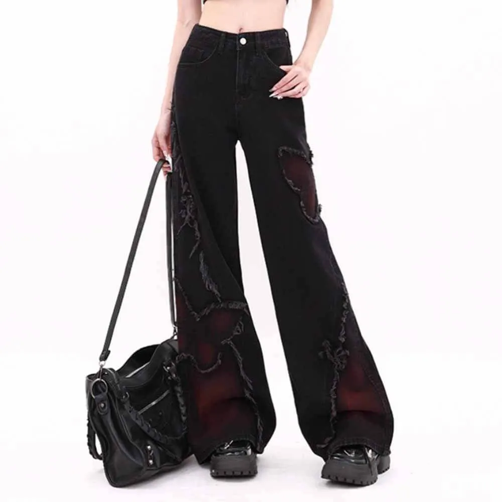 Vintage Black Butterfly High Rise Wide Leg Denim Pants