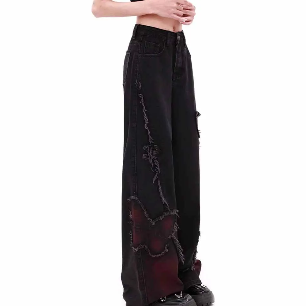 Vintage Black Butterfly High Rise Wide Leg Denim Pants