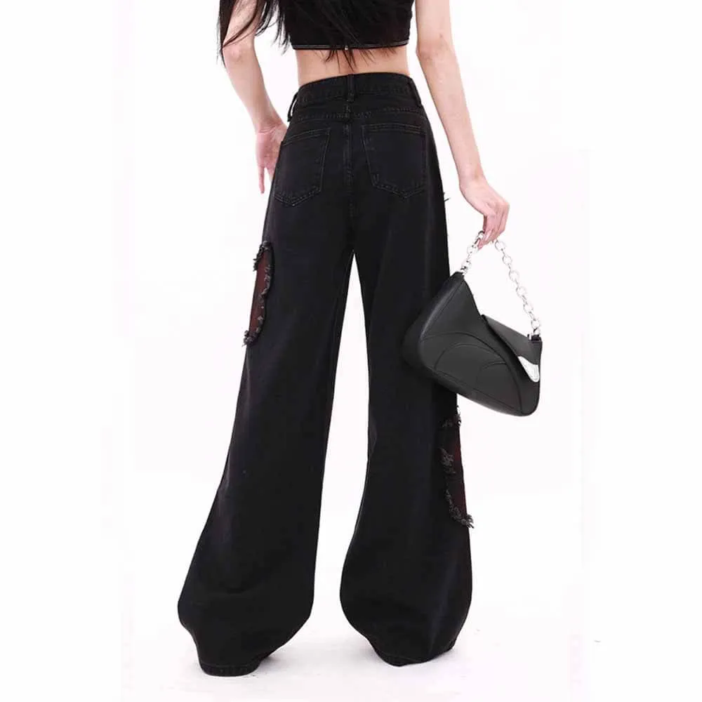 Vintage Black Butterfly High Rise Wide Leg Denim Pants