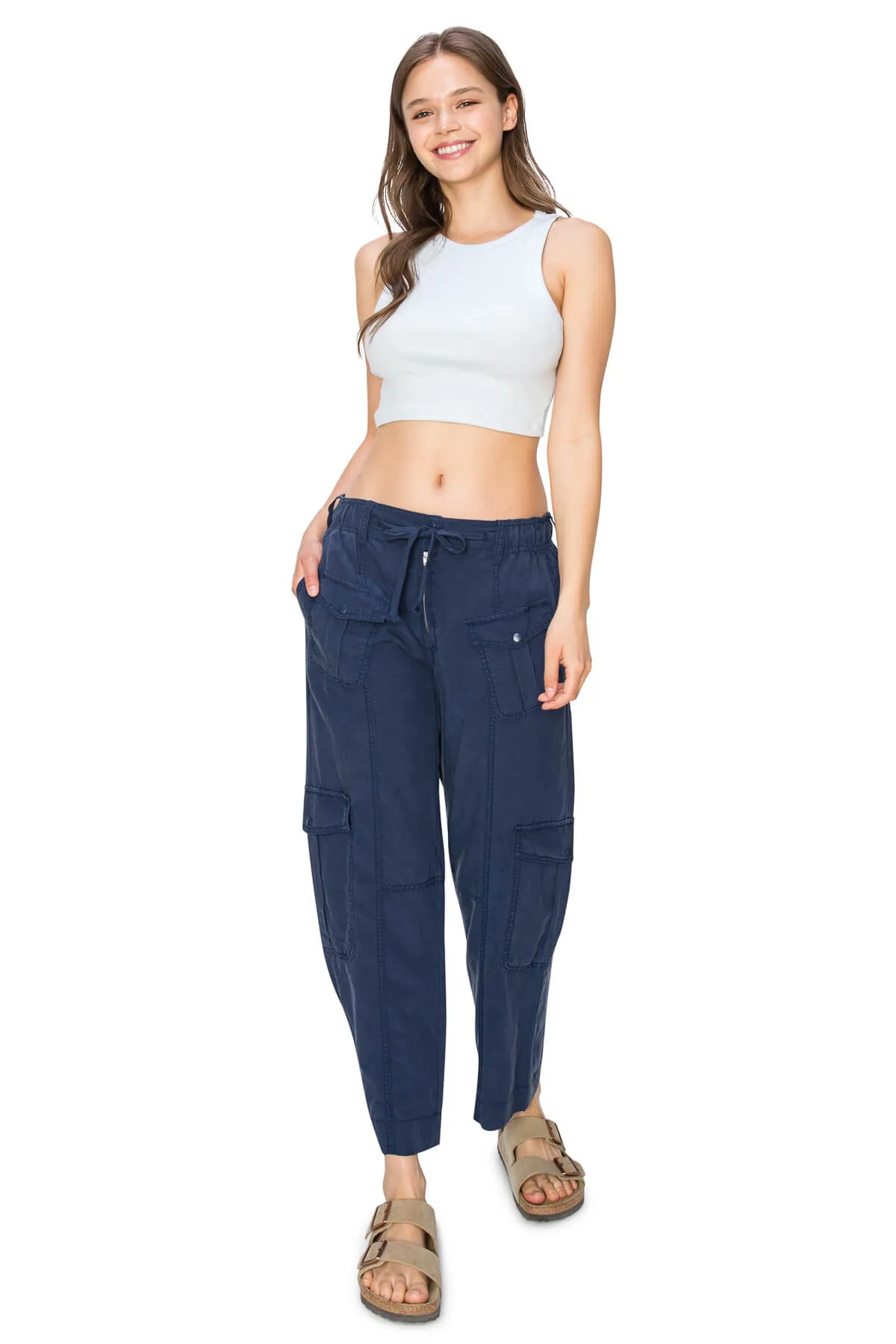 Washed Linen Cargo Pants - Navy