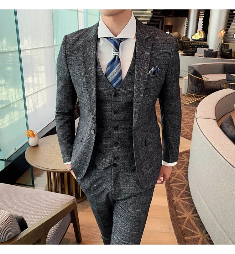 West Louis™ Tailored Men Plaid 3 Piece Suit (Blazer Pants Vest)