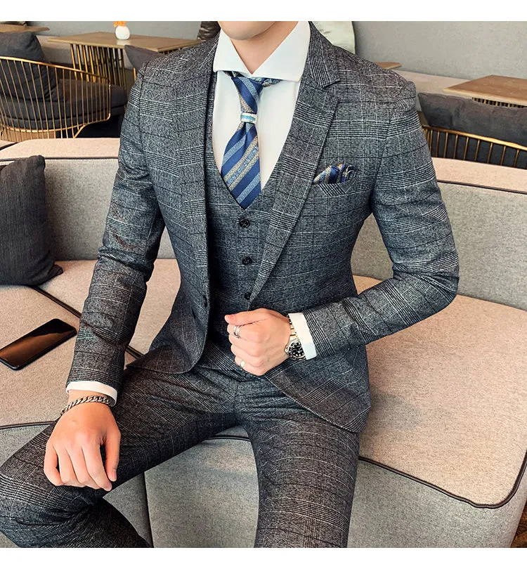 West Louis™ Tailored Men Plaid 3 Piece Suit (Blazer Pants Vest)