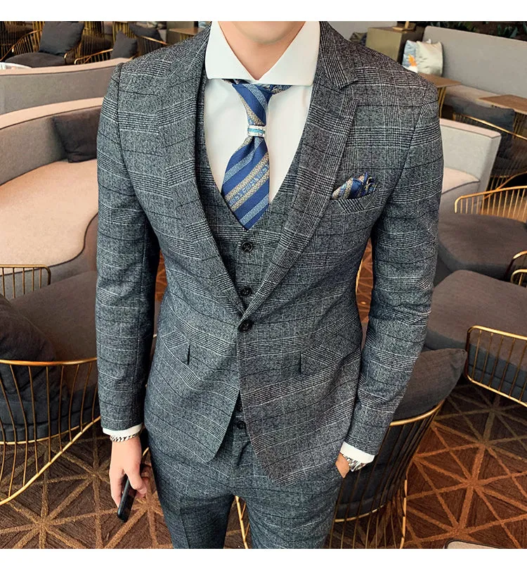 West Louis™ Tailored Men Plaid 3 Piece Suit (Blazer Pants Vest)