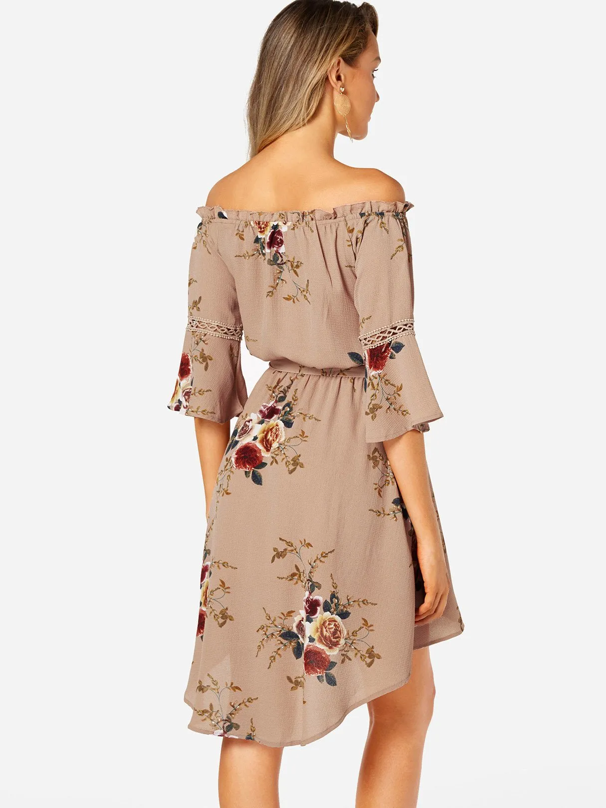 Wholesale Apricot Off The Shoulder Half Sleeve Floral Print Irregular Hem Dresses