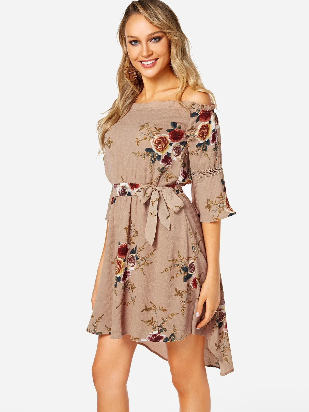 Wholesale Apricot Off The Shoulder Half Sleeve Floral Print Irregular Hem Dresses