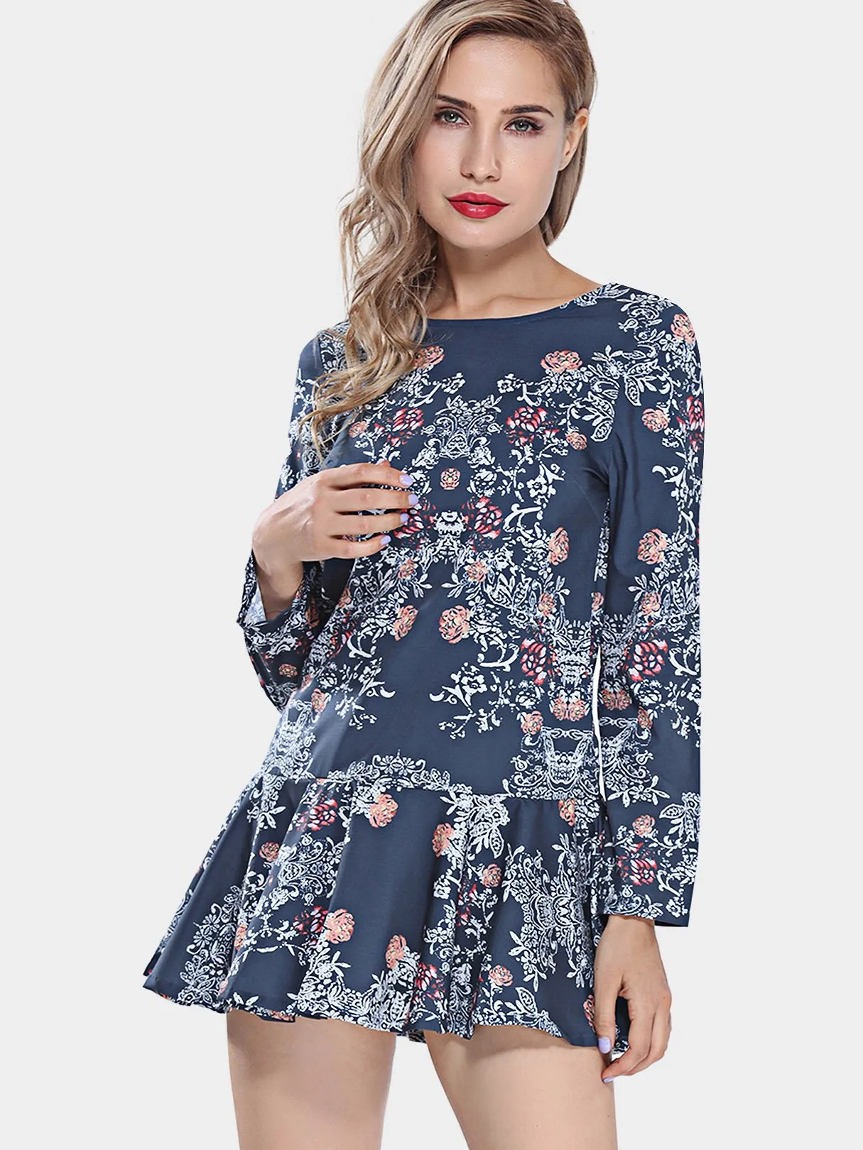 Wholesale Black Crew Neck Long Sleeve Floral Print Cut Out Flounced Hem Dresses