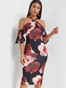 Wholesale Black Half Sleeve Floral Print Slit Hem Dress