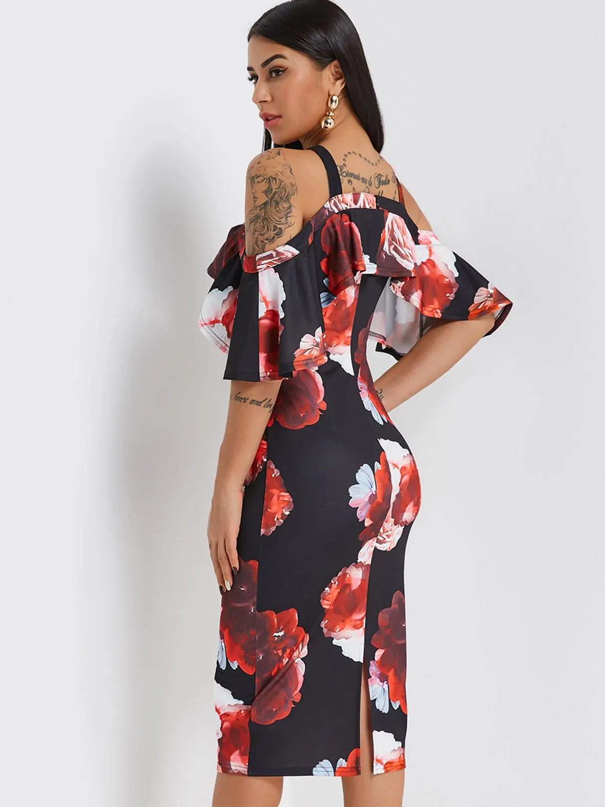 Wholesale Black Half Sleeve Floral Print Slit Hem Dress