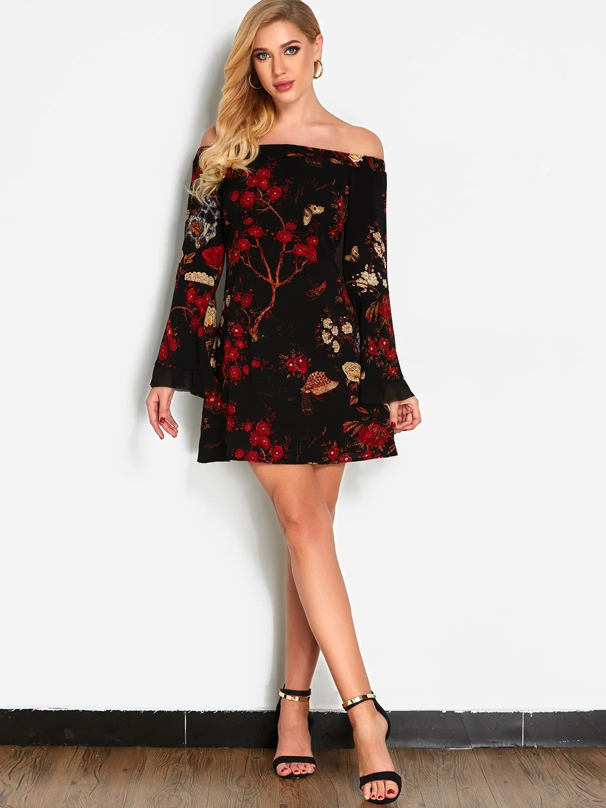 Wholesale Black Off The Shoulder Long Sleeve Floral Print Lace Zip Back Dresses