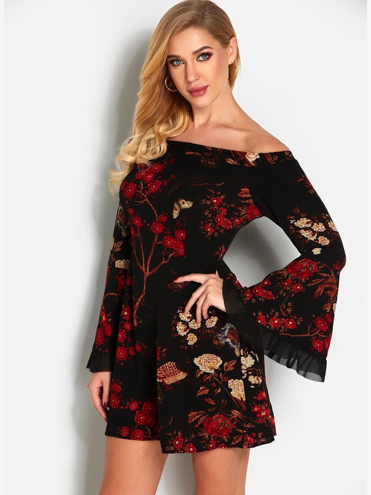 Wholesale Black Off The Shoulder Long Sleeve Floral Print Lace Zip Back Dresses