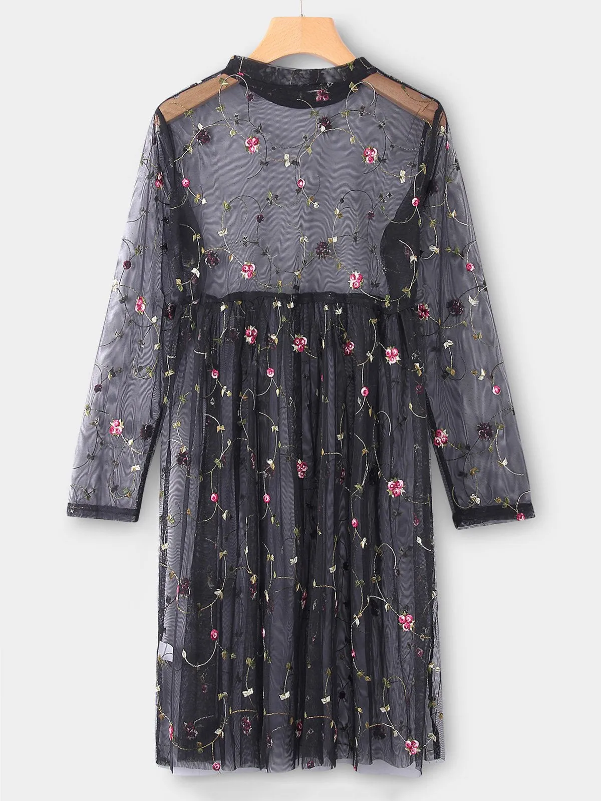 Wholesale Black Round Neck Long Sleeve Embroidered Flounced Hem Dresses