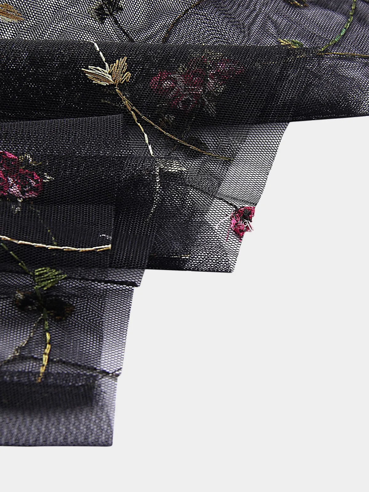 Wholesale Black Round Neck Long Sleeve Embroidered Flounced Hem Dresses