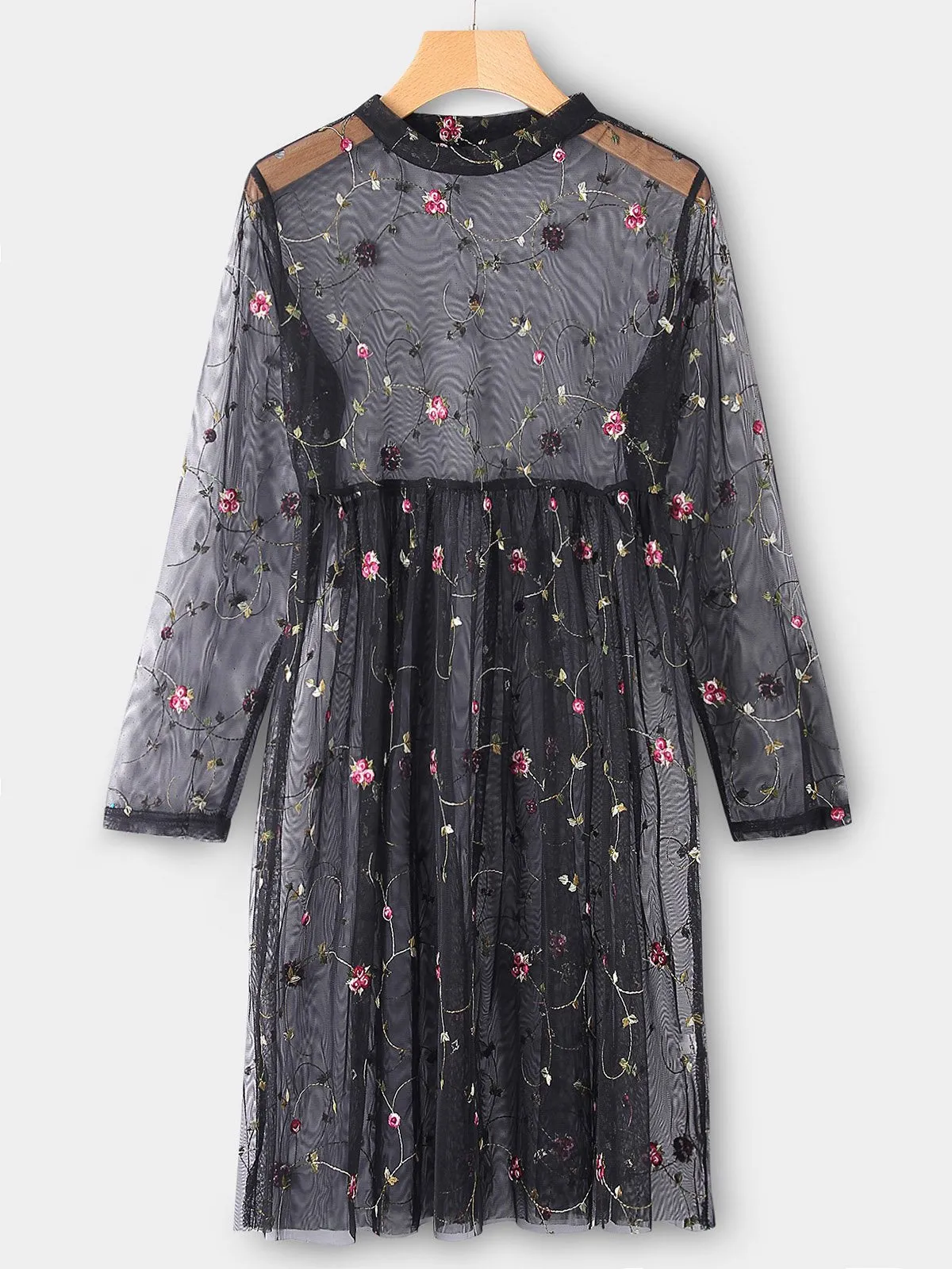 Wholesale Black Round Neck Long Sleeve Embroidered Flounced Hem Dresses