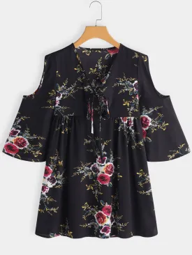 Wholesale Black V-Neck Cold Shoulder 3/4 Length Sleeve Floral Print Cut Out Self-Tie Dresses