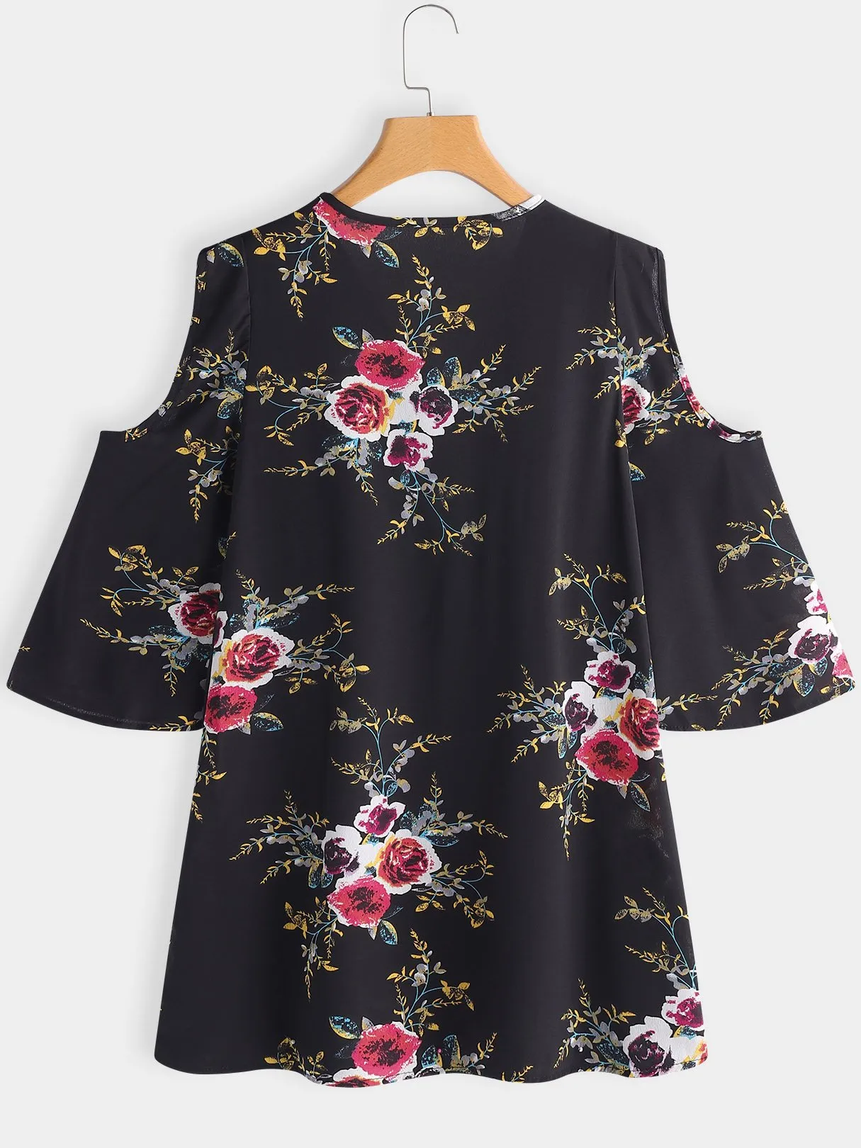 Wholesale Black V-Neck Cold Shoulder 3/4 Length Sleeve Floral Print Cut Out Self-Tie Dresses