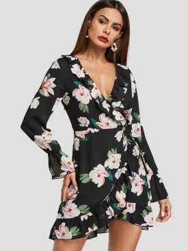 Wholesale Black V-Neck Long Sleeve Floral Print Crossed Front Ruffle Hem Dresses