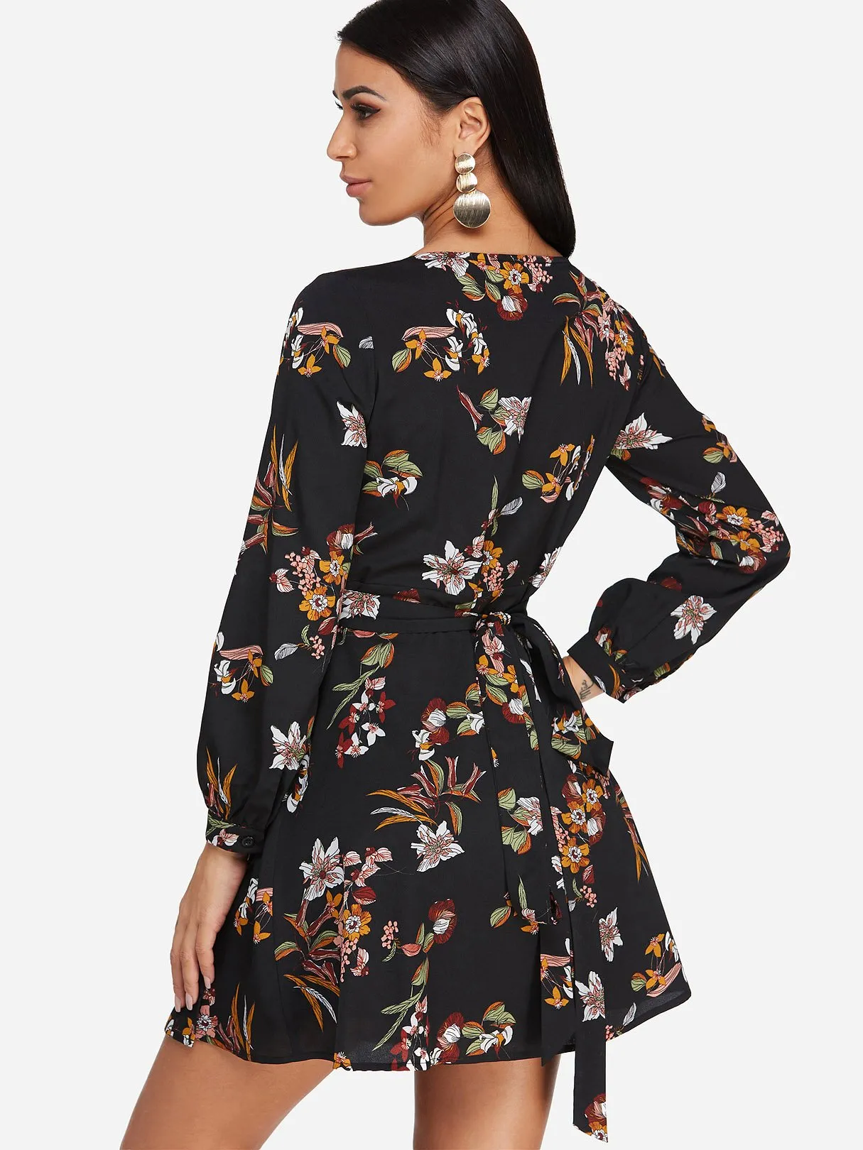 Wholesale Black V-Neck Long Sleeve Floral Print Hollow Self-Tie Wrap Dresses