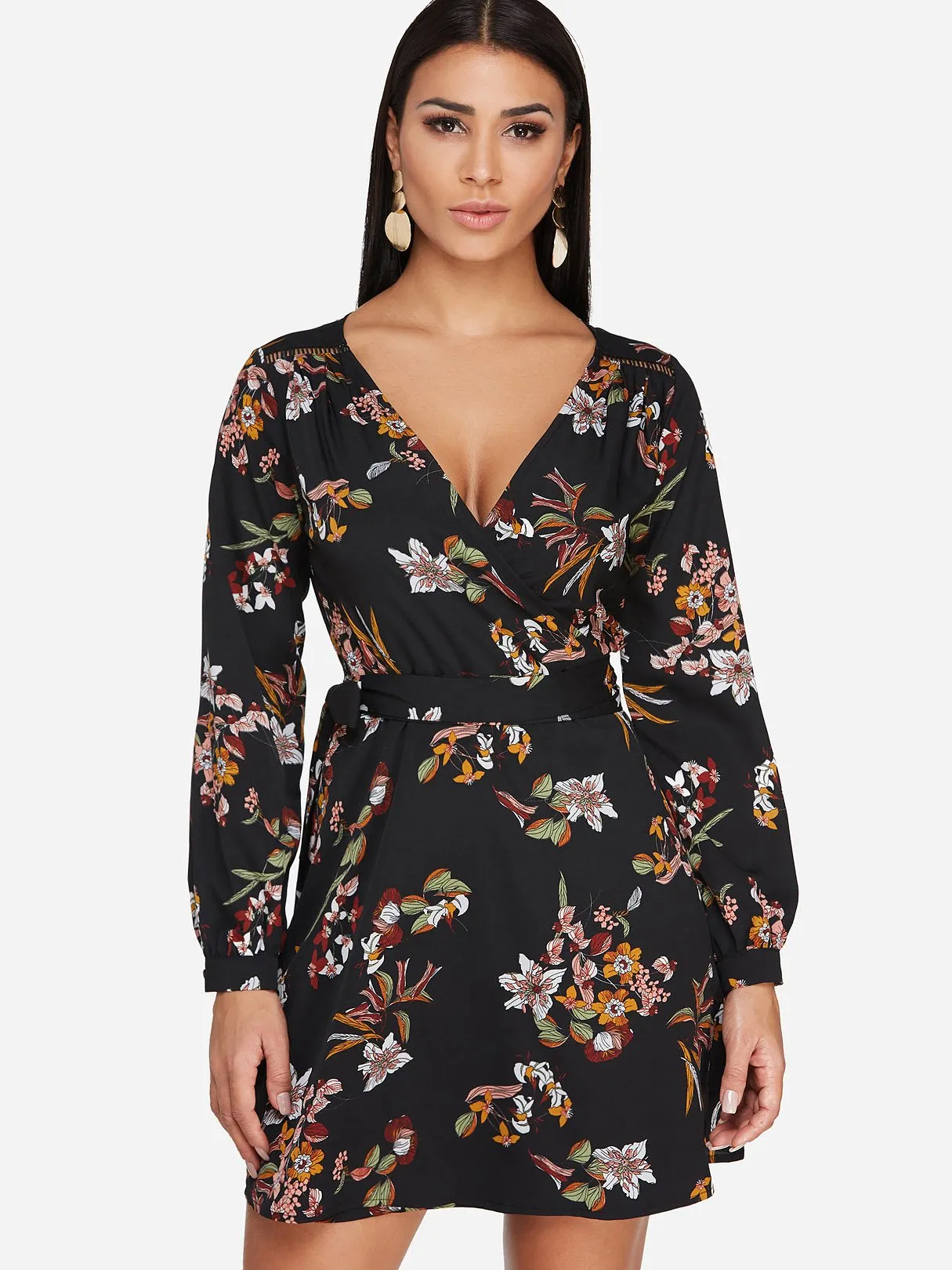 Wholesale Black V-Neck Long Sleeve Floral Print Hollow Self-Tie Wrap Dresses