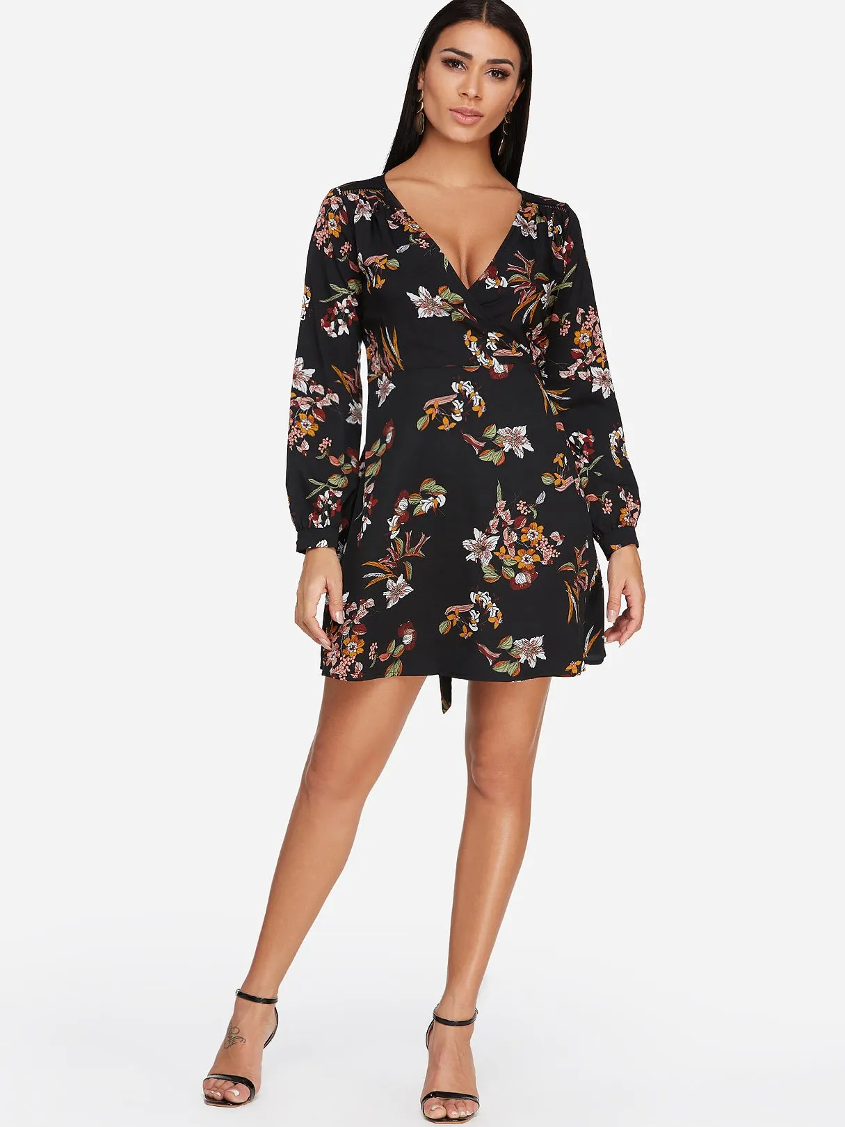 Wholesale Black V-Neck Long Sleeve Floral Print Hollow Self-Tie Wrap Dresses