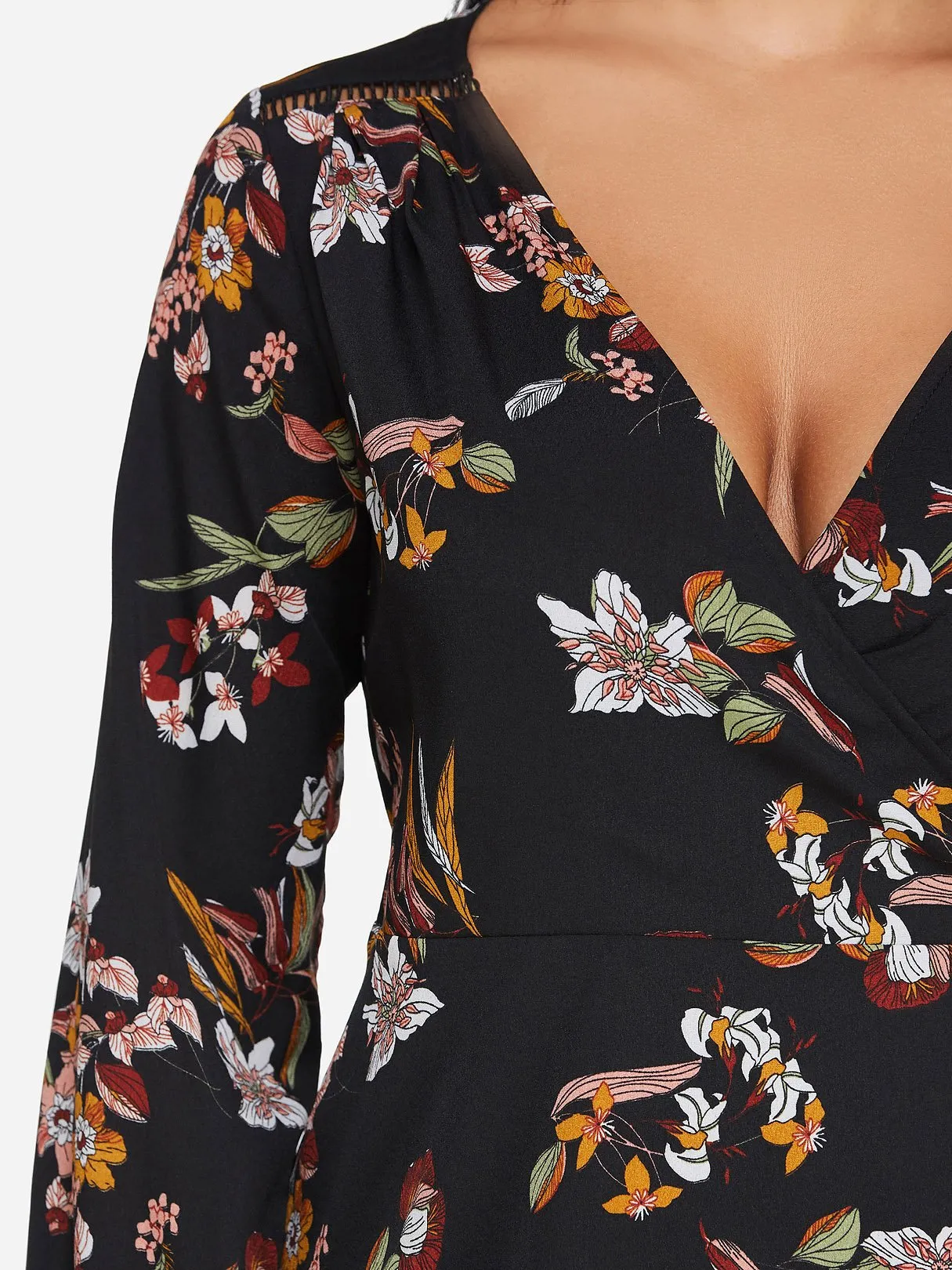 Wholesale Black V-Neck Long Sleeve Floral Print Hollow Self-Tie Wrap Dresses