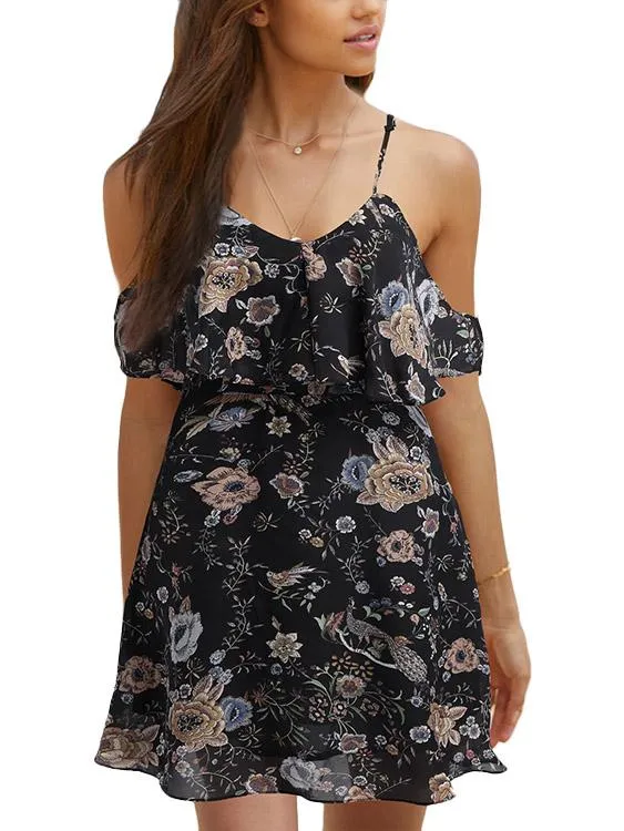 Wholesale Cold Shoulder Floral Print Tiered Short Sleeve Black Dresses