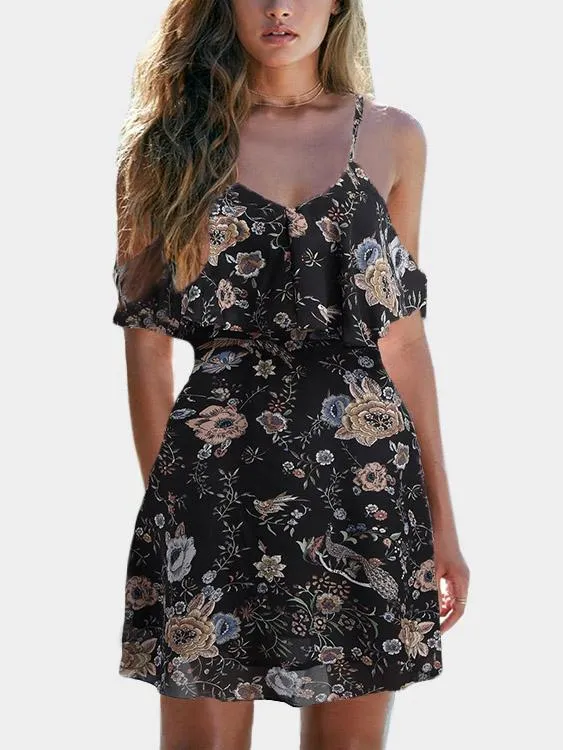 Wholesale Cold Shoulder Floral Print Tiered Short Sleeve Black Dresses