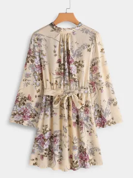 Wholesale Crew Neck Floral Print Backless Self-Tie Long Sleeve Khaki Dresses