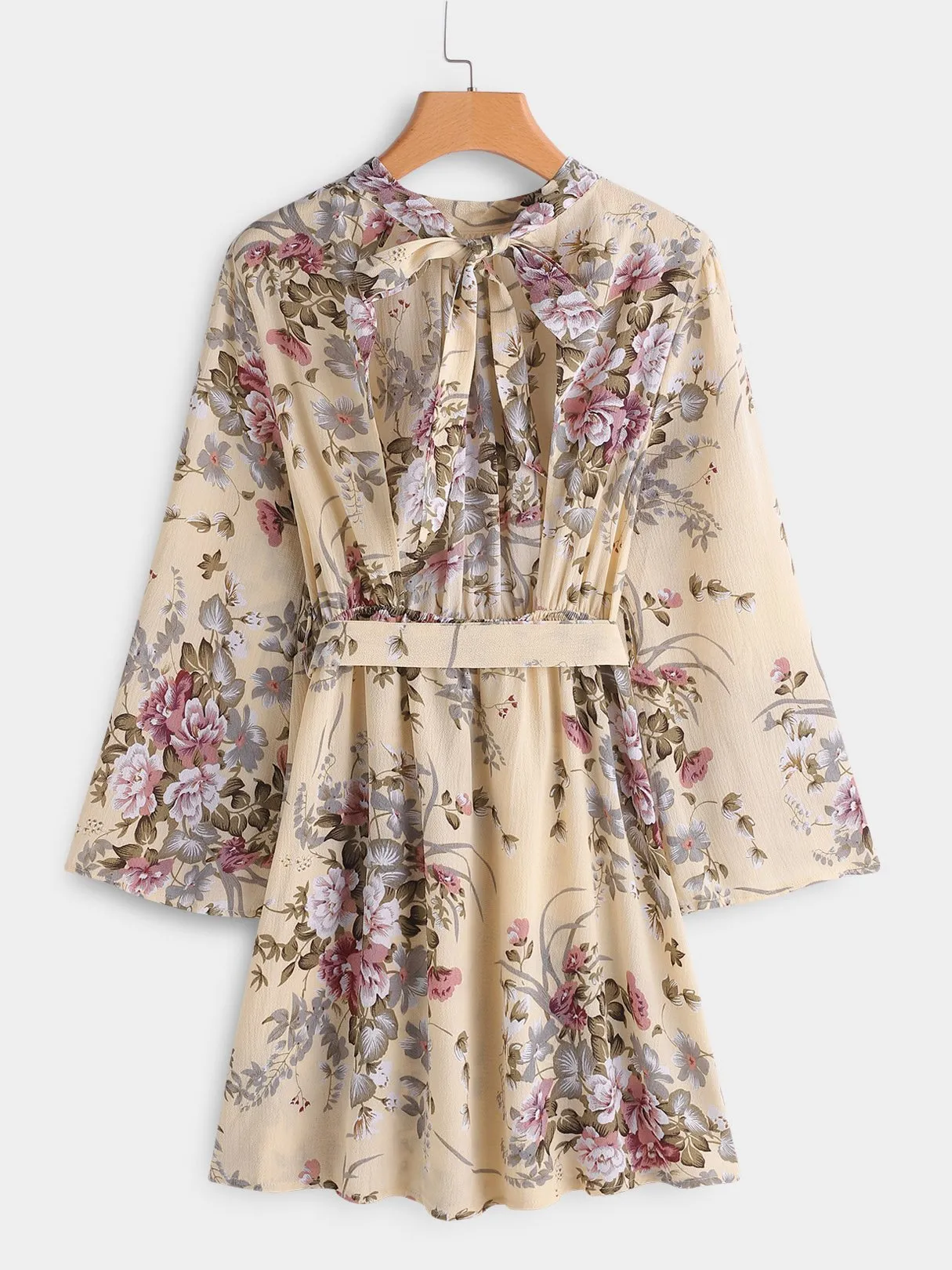 Wholesale Crew Neck Floral Print Backless Self-Tie Long Sleeve Khaki Dresses