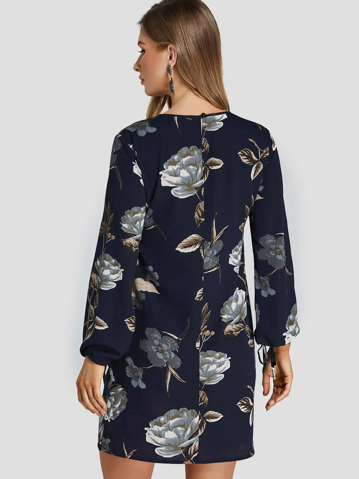 Wholesale Dark Blue Round Neck Long Sleeve Floral Print Dresses