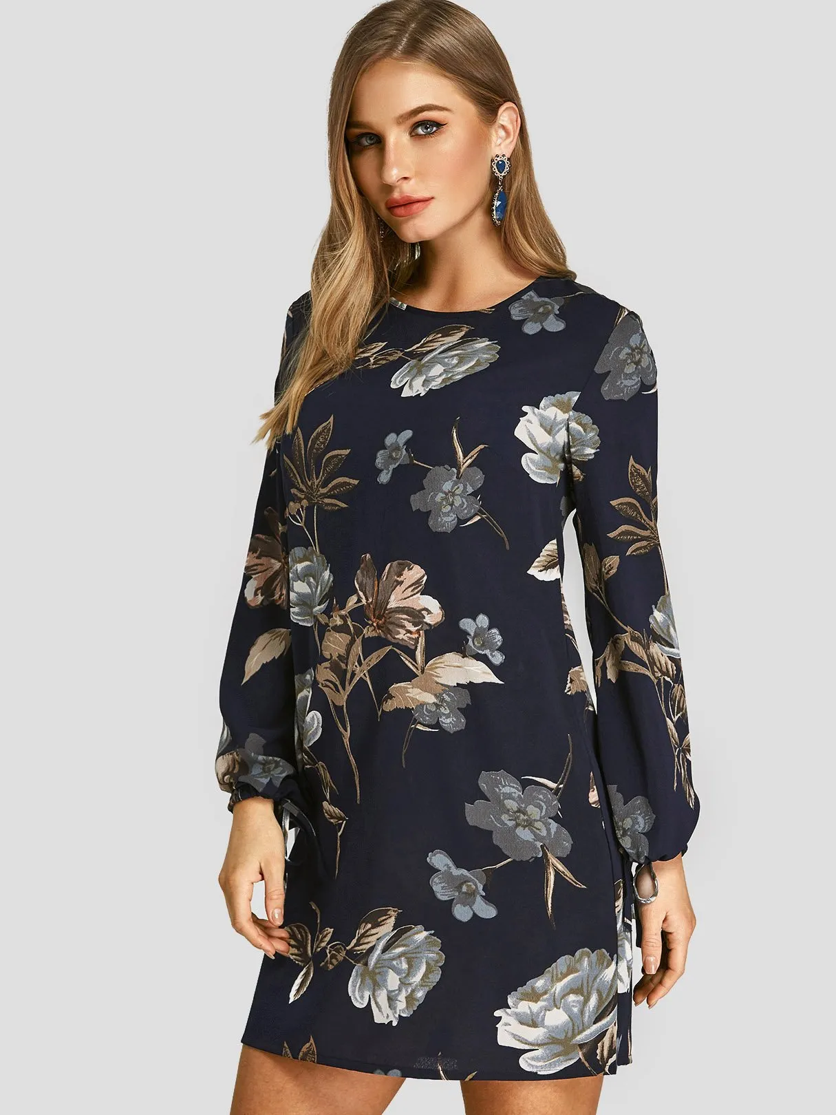 Wholesale Dark Blue Round Neck Long Sleeve Floral Print Dresses