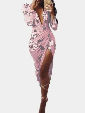 Wholesale Deep V Neck Long Sleeve Floral Print Crossed Front Pleated Slit Hem Dress