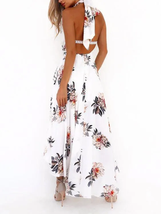 Wholesale Halter Sleeveless Floral Print Backless Cut Out Dresses