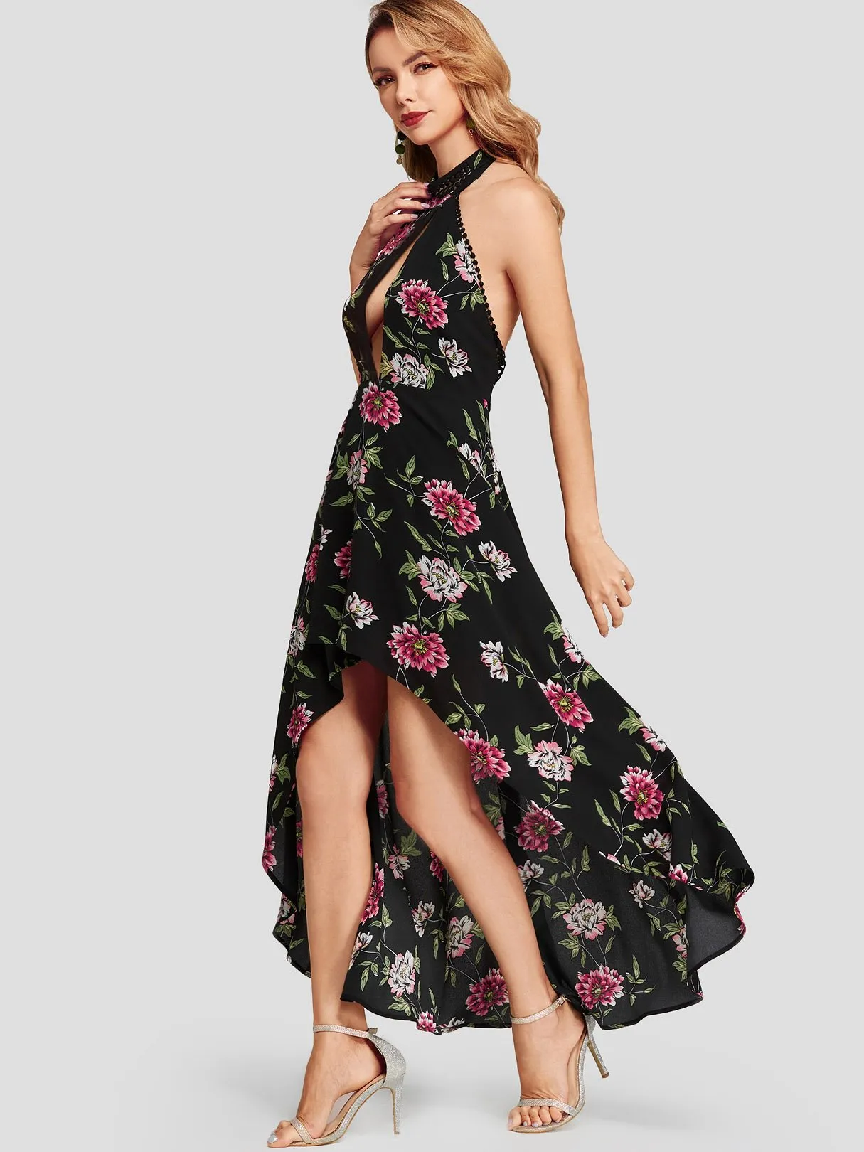 Wholesale Halter Sleeveless Floral Print Backless Cut Out Dresses