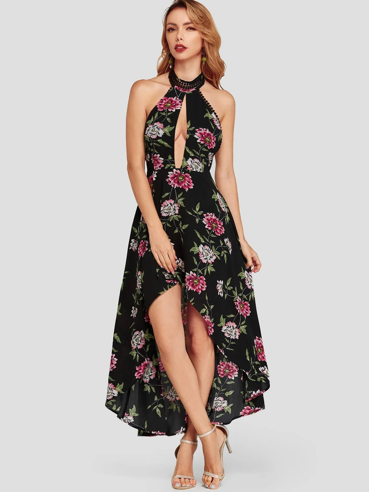 Wholesale Halter Sleeveless Floral Print Backless Cut Out Dresses