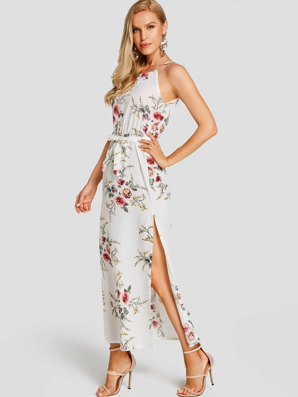 Wholesale Halter Sleeveless Floral Print Spaghetti Strap Belt Slit Hem Dresses