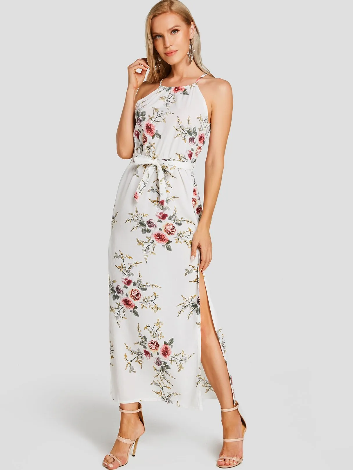 Wholesale Halter Sleeveless Floral Print Spaghetti Strap Belt Slit Hem Dresses