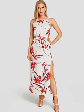 Wholesale Halter Sleeveless Floral Print Spaghetti Strap Belt Slit Hem Dresses