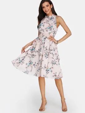 Wholesale Light Pink Crew Neck Sleeveless Floral Print Cut Out Dresses