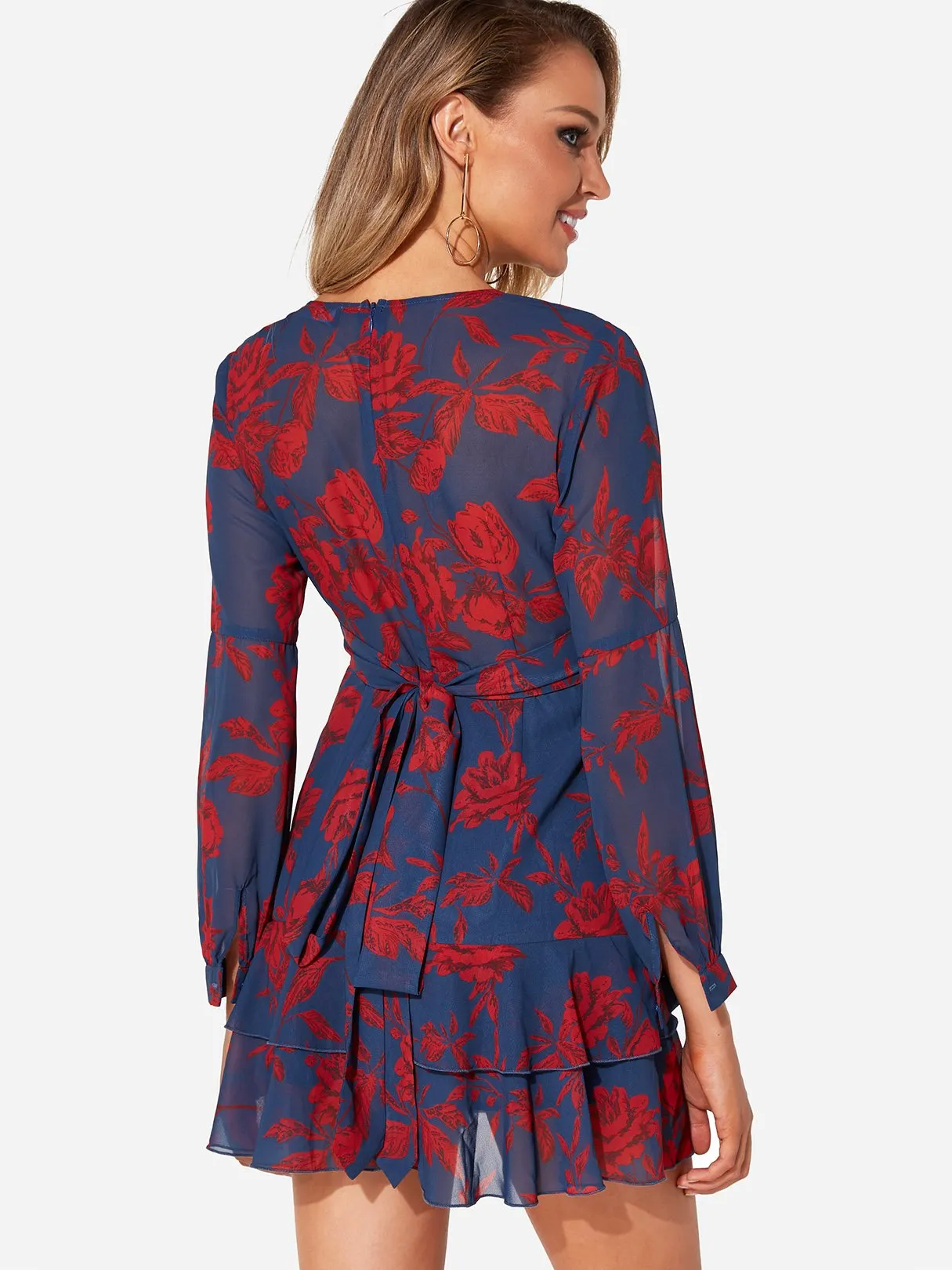 Wholesale Navy Deep V Neck Long Sleeve Floral Print See Through Self-Tie Wrap Flounced Hem Dresses